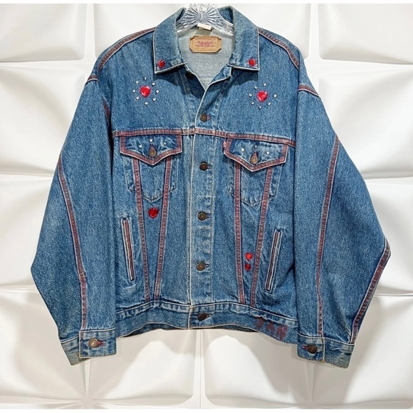 Vintage Levi's Womens Sz M Denim Trucker Jacket Oklahoma Studded Embellished - Picture 6 of 10